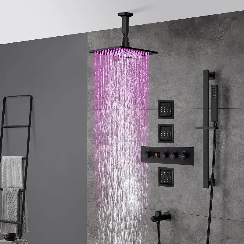 12" LED Rainfall 3 Way Digital Thermostatic Shower Faucet Set w/ Body Jets, Slide Bar - Matte Black - Matte Black