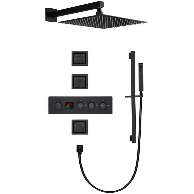 16" Rainfall 3 Way Digital Thermostatic Shower Faucet Set w/ Body Jets, Slide Bar - Matte Black - Matte Black