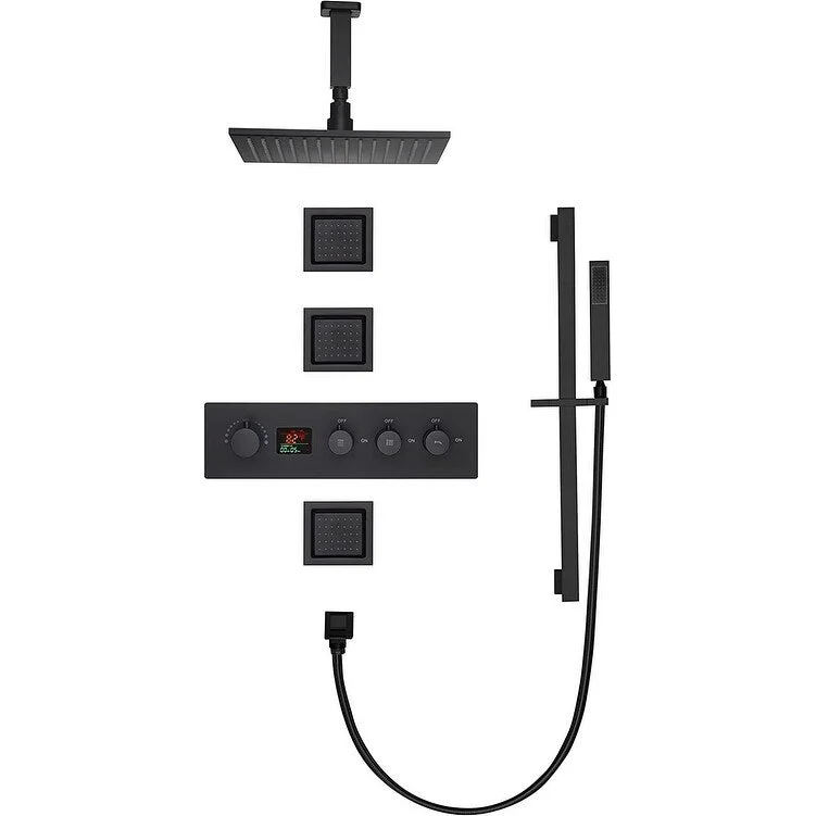 16" Rainfall 3 Way Thermostatic Shower Faucet Set w/ Body Jets, Slide Bar - Matte Black - Matte Black