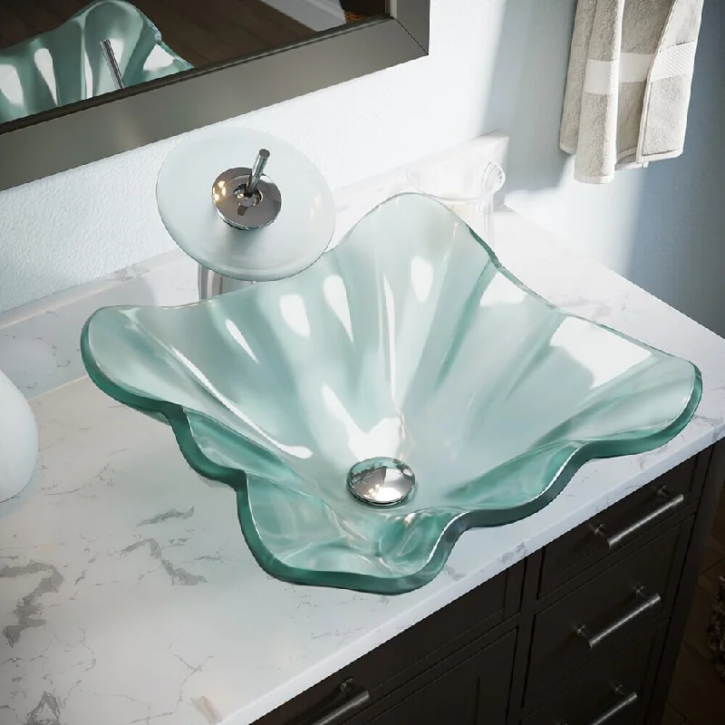 611 Frosted Glass Sink, Chrome Faucet, Sink Ring, Pop-up Drain