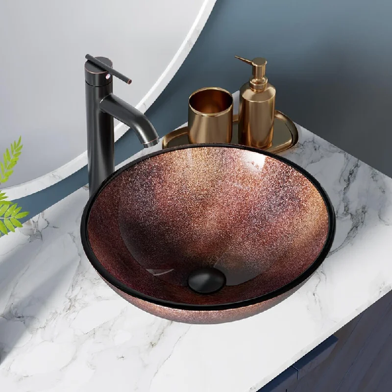 614 Frosted Glass Sink, Antique Bronze Faucet, Sink Ring, Pop-up Drain