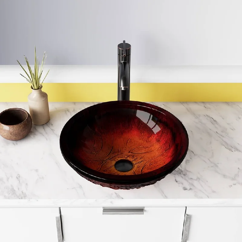 618 Red Lava Glass Sink, Antique Bronze Faucet, Sink Ring,Pop-up Drain