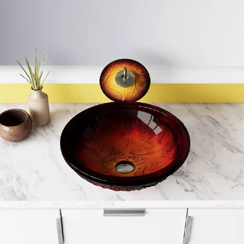 618 Red Lava Glass Sink, Brushed Nickel Faucet, Sink Ring,Pop-up Drain