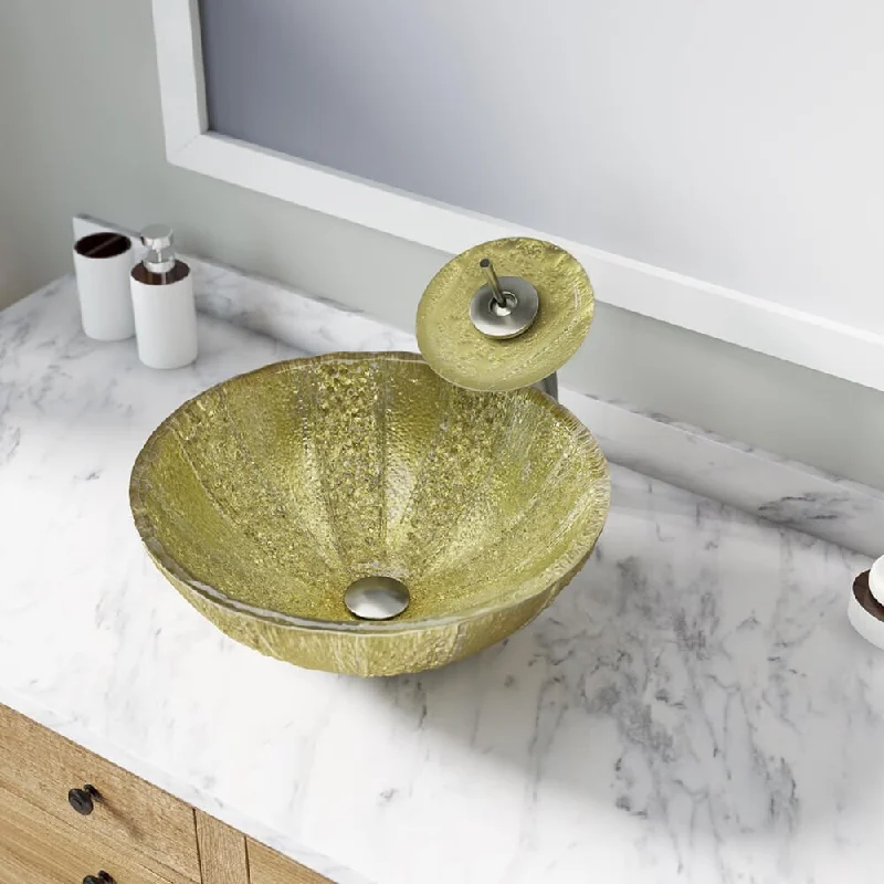 623 Gold Glass Sink, Brushed Nickel Faucet, Sink Ring, Popup Drain