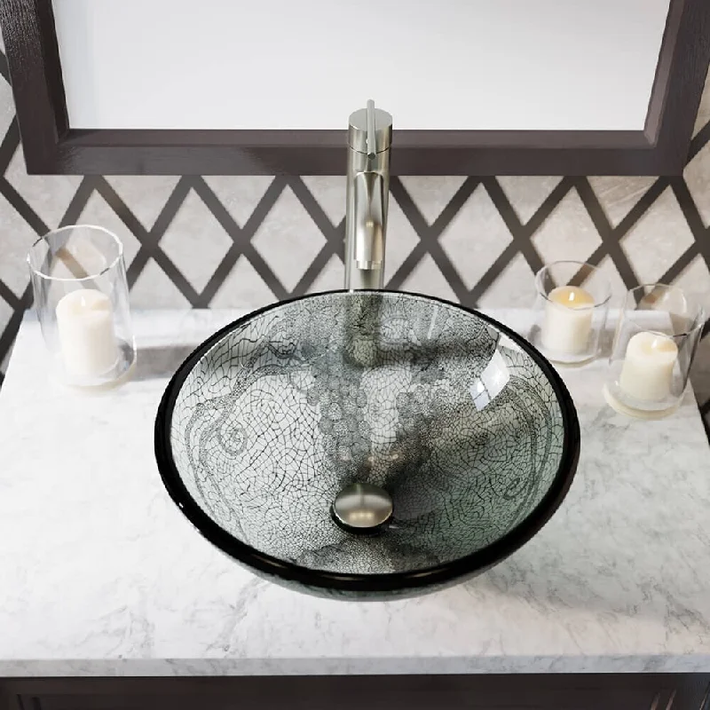 624 Vineyard Glass Sink, Brushed Nickel Faucet, SinkRing, Popup Drain