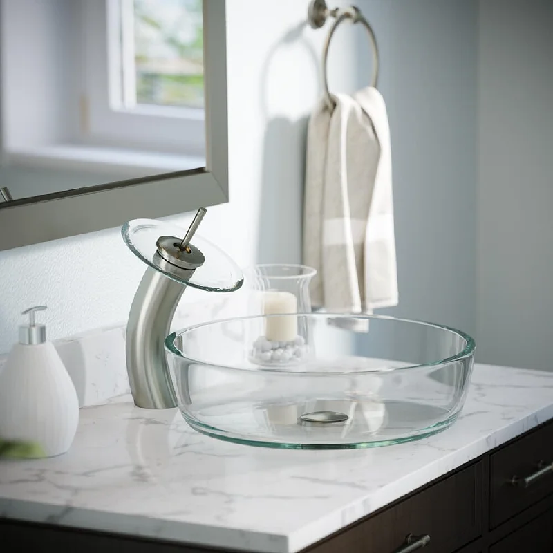 625 Clear Glass Sink, Brushed Nickel Faucet, Pop-up Drain