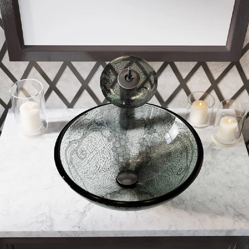 626 Beach Sand Glass Sink, Antique Bronze Faucet, SinkRing Popup Drain