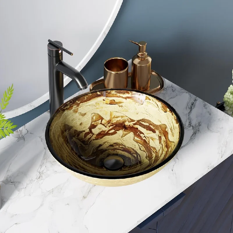 631 Foil Glass Sink, Antique Bronze Faucet, Sink Ring, Pop-up Drain