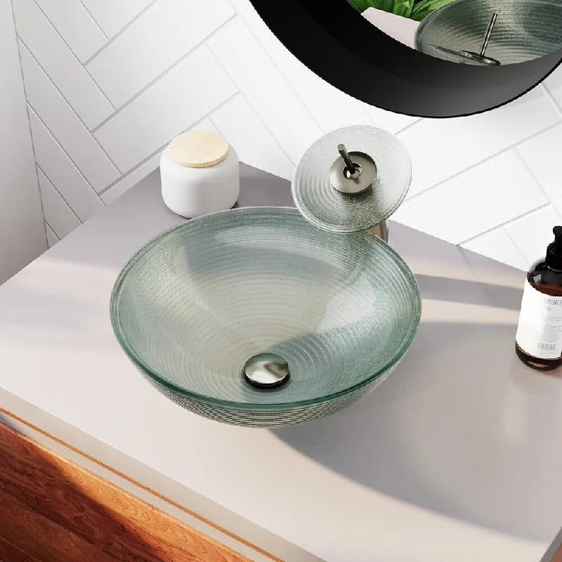 636 Glass Sink, Brushed Nickel Faucet, Sink Ring, Pop-up Drain