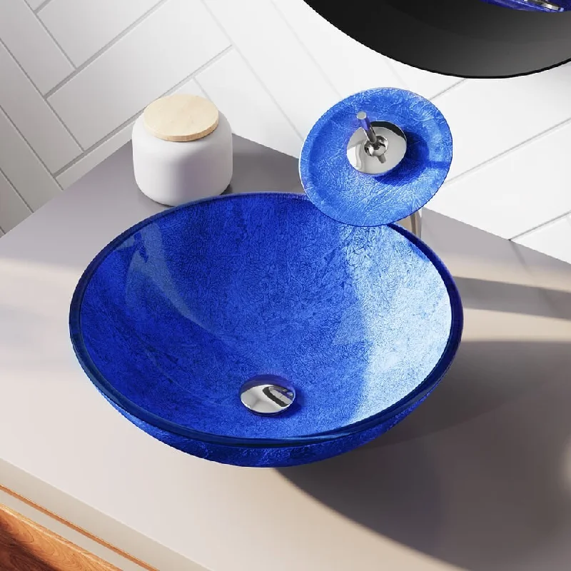 644 Blue Glass Sink, Antique Bronze Faucet, Sink Ring, and Pop-Up Drain