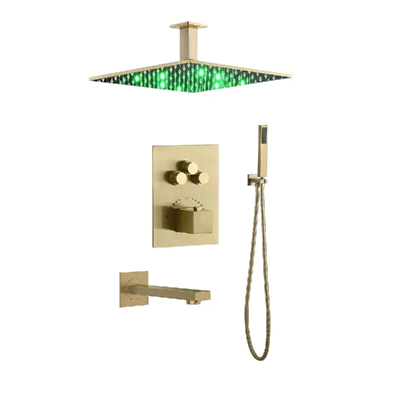 Brushed Gold Mount 12 inch Rainfall Shower Head 3 Way Thermostatic Shower Faucet w/ Tub Spout - Brushed Gold