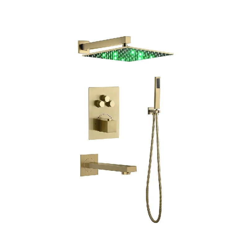 Brushed Gold Wall Mount 12" LED Rainfall Head 3 Way Thermostatic Shower Faucet Set w/ Tub Spout - Brushed Gold