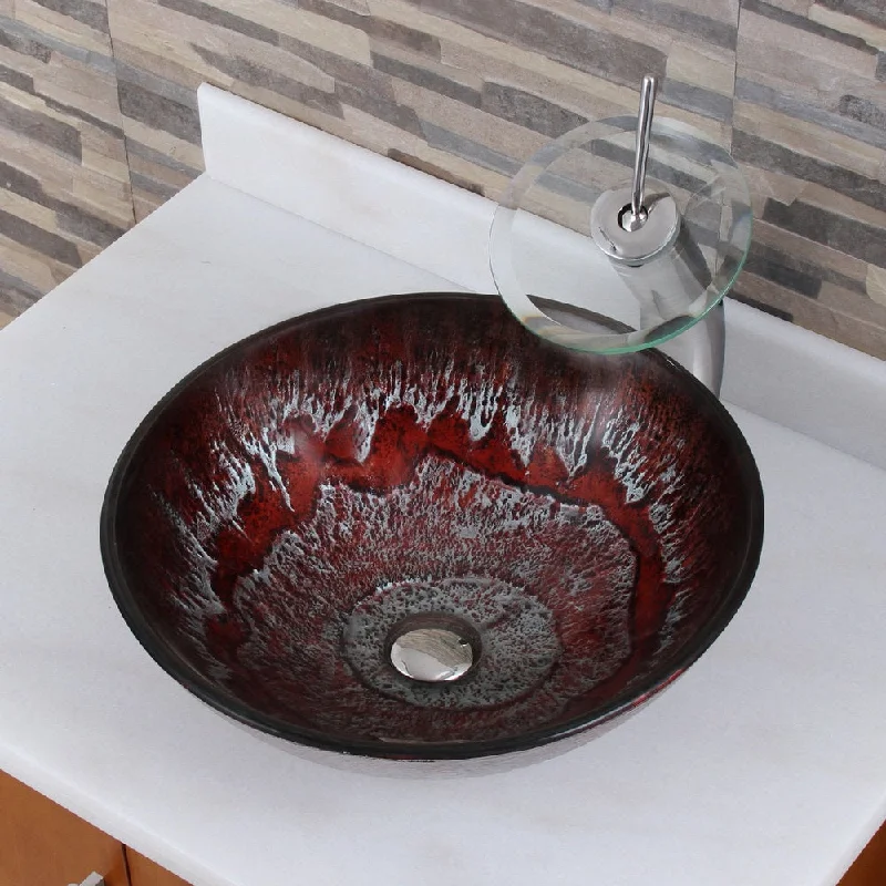 Elite Antarctic Ruby Pattern Tempered Glass Bathroom Vessel Sink and Waterfall Faucet Combo