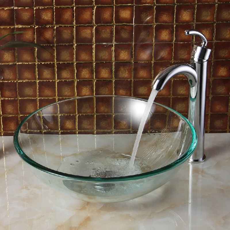 Elite Clear Round Tempered Glass Bowl Vessel Sink and Faucet Combo