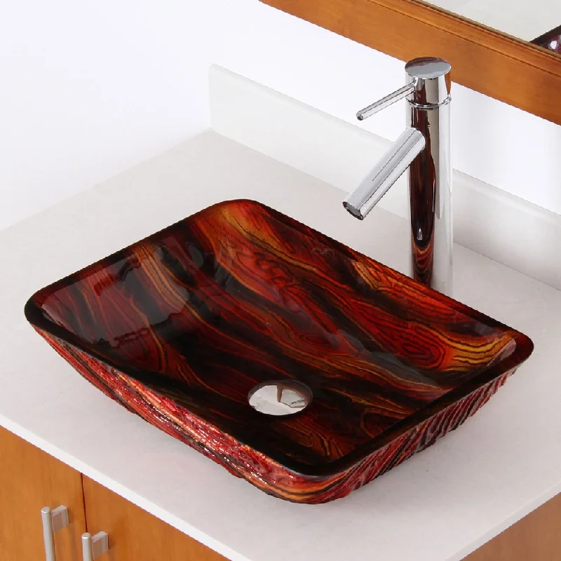 Elite Lava Rock Rectangle Tempered Glass Bathroom Vessel Sink and Faucet Combo