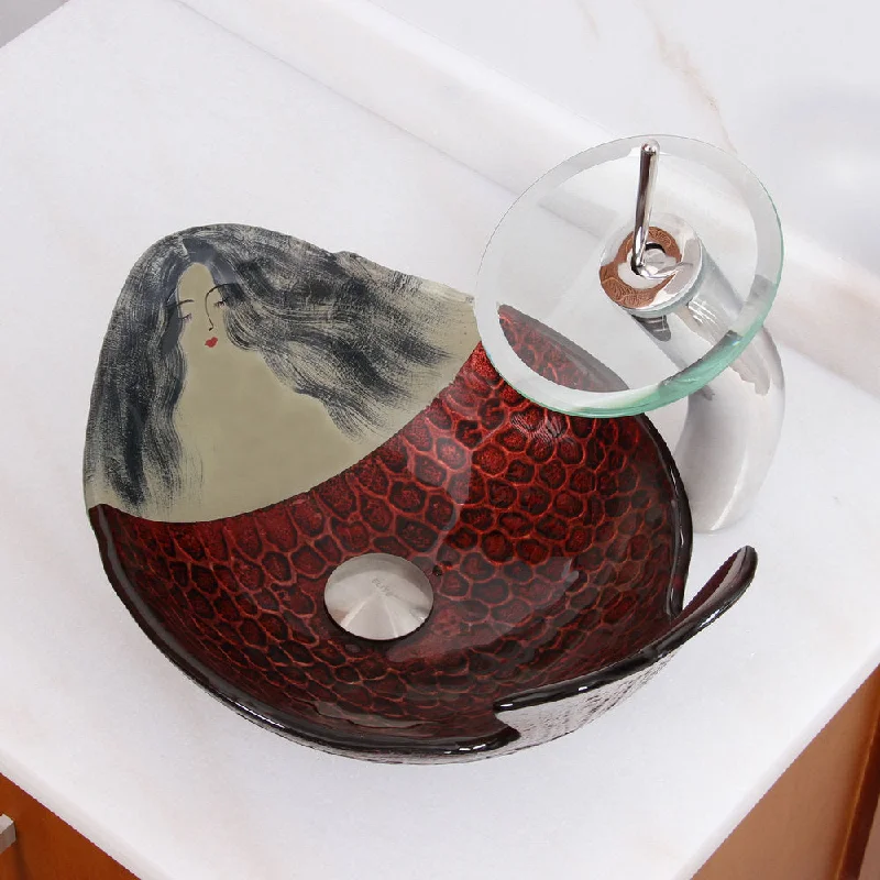 Elite Mermaid IVY+F22T Pattern Tempered Glass Bathroom Vessel Sink and Waterfall Faucet Combo