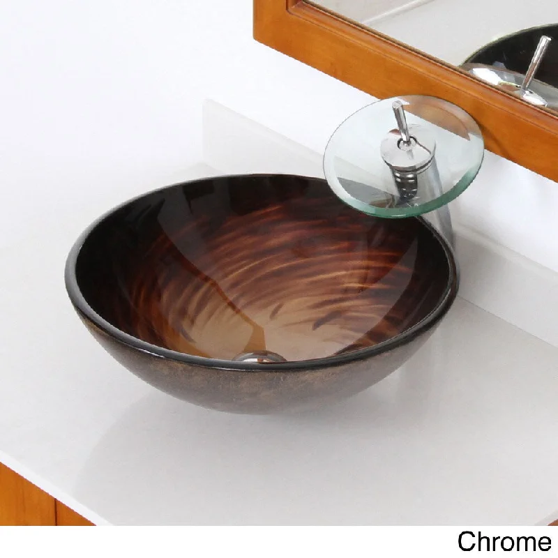 Elite Modern Design Brown Glass Bathroom Vessel Sink and Waterfall Faucet