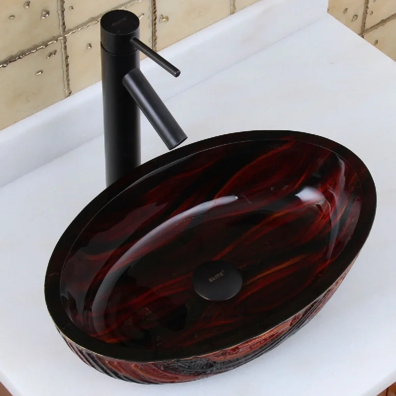 Elite Oval Hot Melt Tempered Bathroom Glass Vessel Sink & Oil Rubbed Bronze Faucet Combo