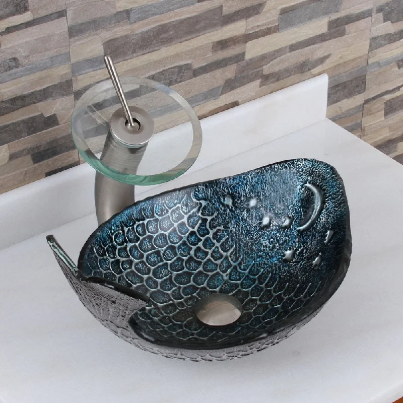 Elite Pacific Whale+F22T Pattern Tempered Glass Bathroom Vessel Sink and Waterfall Faucet Combo