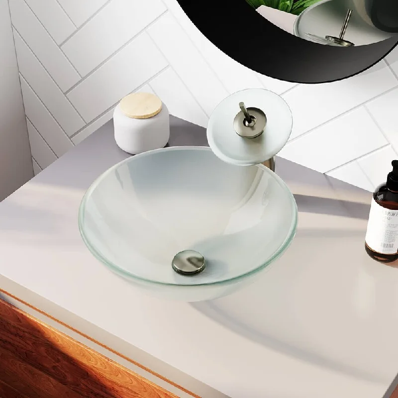 Frosted Glass Sink, Brushed Nickel Faucet, Sink Ring, and Pop-up Drain