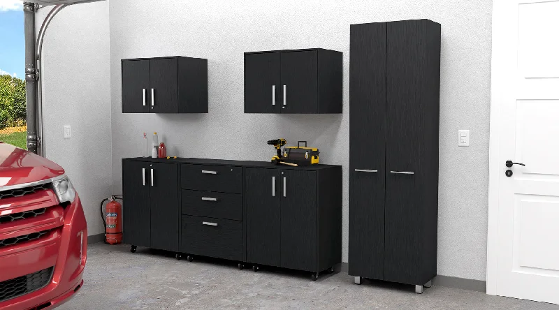 Lima 6 Piece Garage Set, 2 Wall Cabinets + 2 Storage Cabinets + Drawer Base Cabinet + Pantry Cabinet, Black Wengue Finish