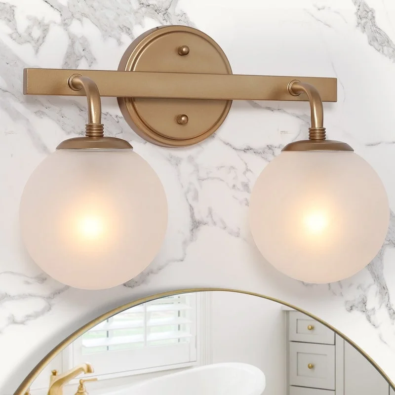 Modern 2-Light Gold Dimmable Bathroom Vanity Light Frosted Globe Glass Wall Sconce for Powder Room - L 15" x W 6.5" x H 10"