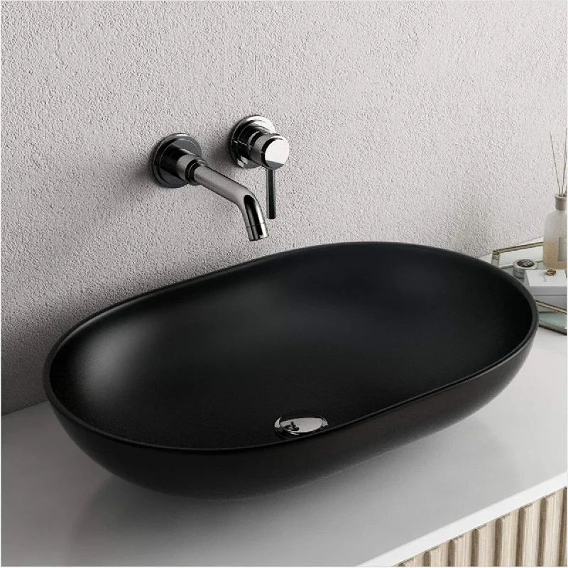 Modern 22"x13" Tempered Glass Vessel Bathroom Sink Handmade Thick & Scratch Tough & Stain Resistant, Black