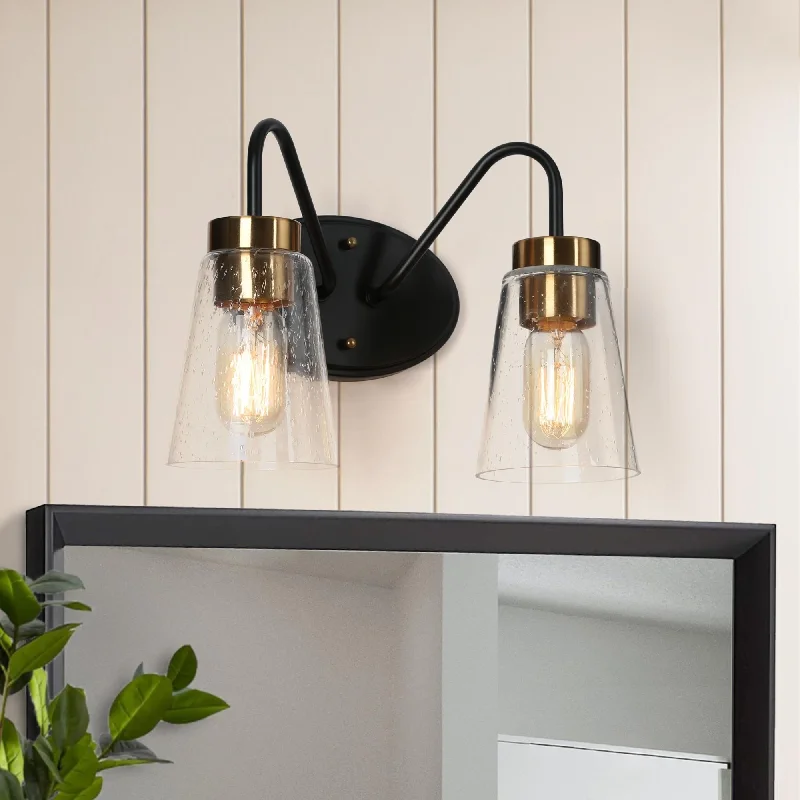 Modern Farmhouse Black Gold 2-Light Bathroom Vanity Lights Cone Glass Wall Sconces