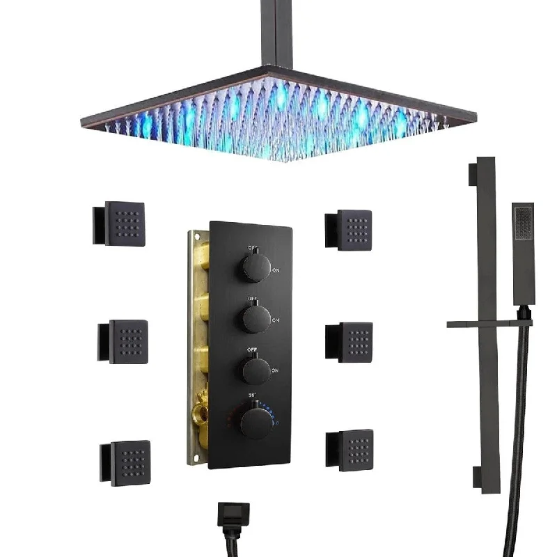 Oil Rubbed Bronze 12" LED Rainfall Shower X3 Thermostatic Faucet System w/ Slide Bar, 6 Jets - Oil Rubbed Bronze