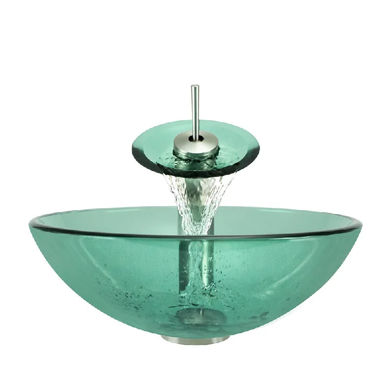 Polaris Sinks Brushed Nickel Emerald Glass Vessel Sink and Faucet