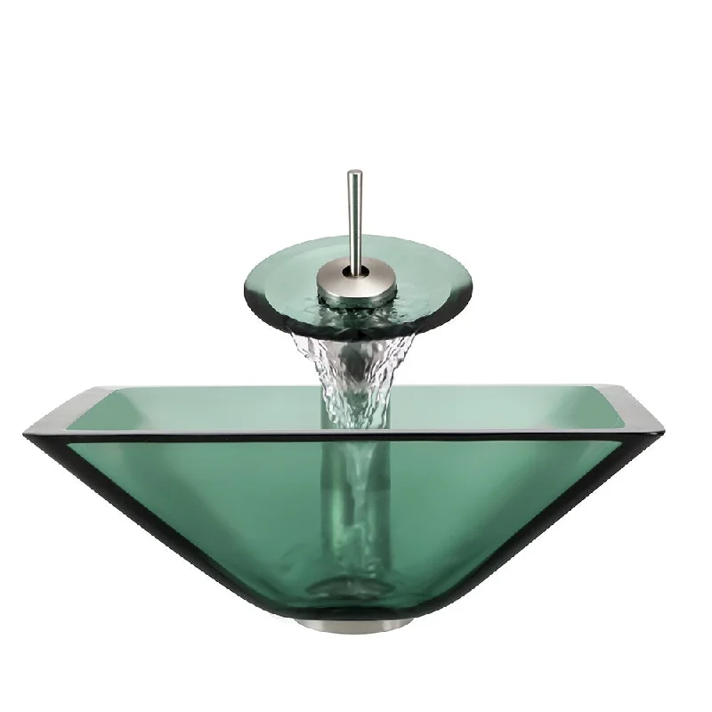 Polaris Sinks Brushed Nickel Emerald Square Vessel Sink and Waterfall Faucet