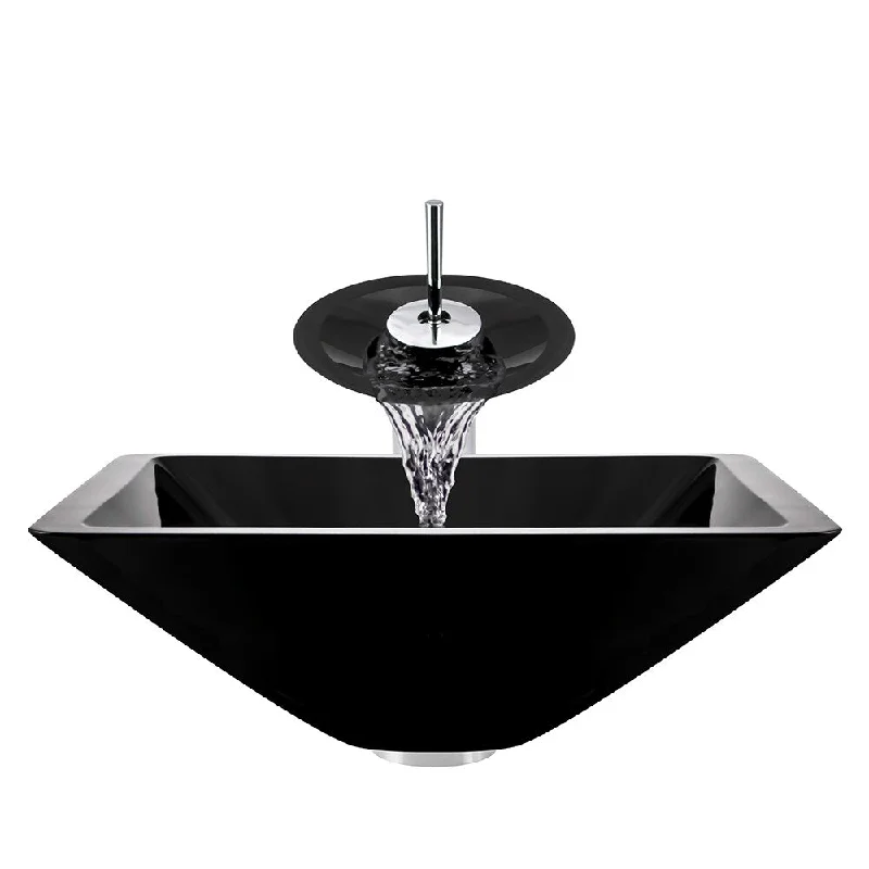 Polaris Sinks Chrome Black Square Vessel Sink and Waterfall Faucet