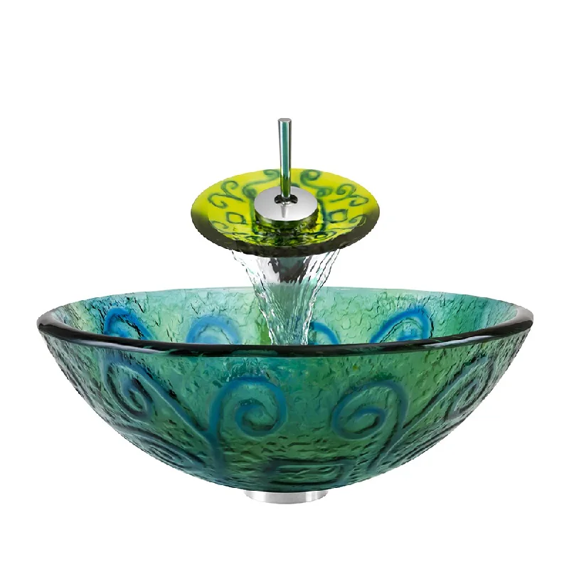 Polaris Sinks Chrome/ Frosted Blue-green Glass Vessel Sink and Faucet