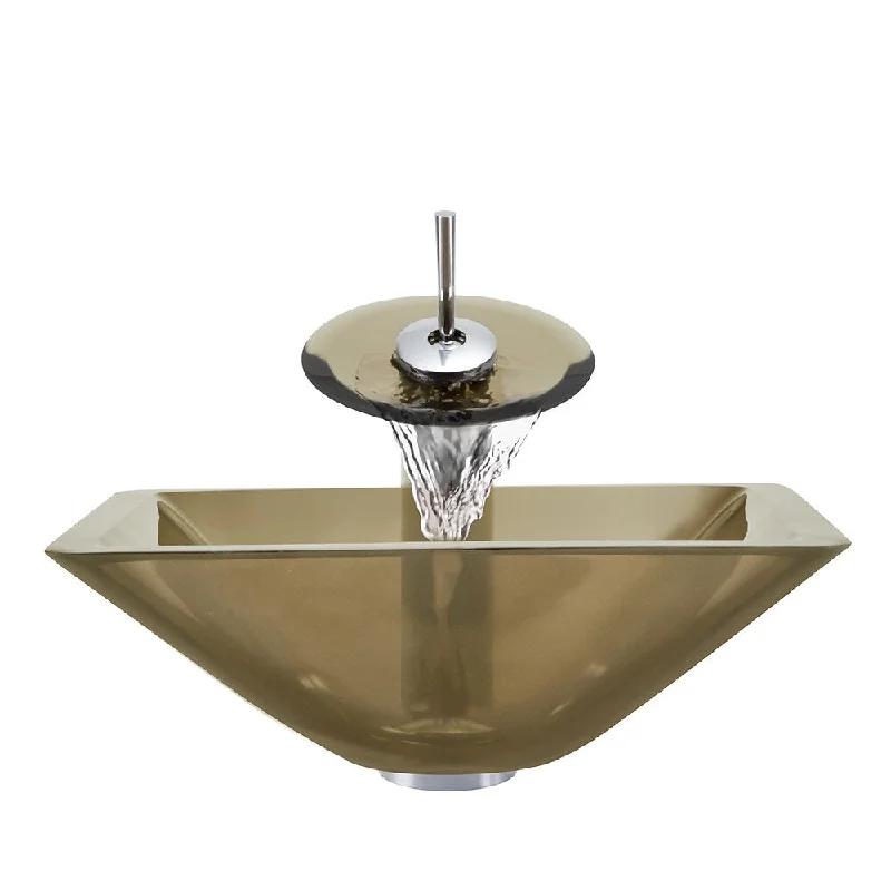 Polaris Sinks Chrome Taupe Square Vessel Sink and Waterfall Faucet