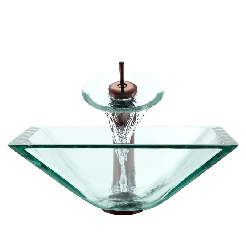 Polaris Sinks Oil-rubbed Bronze Crystal Square Vessel Sink and Waterfall Faucet