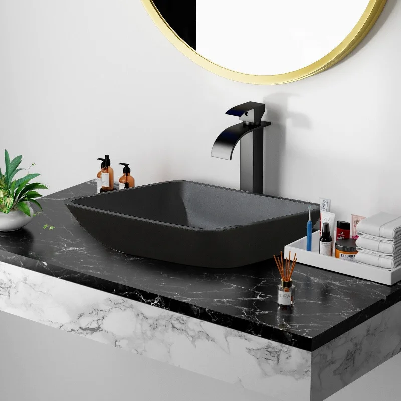 Proteus 18 inch Tempered Glass Rectangular Bathroom Vessel Sink in Matte Black