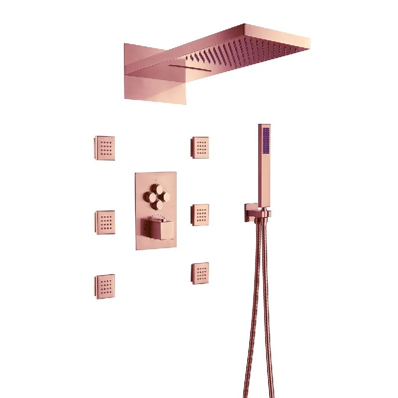 Rose Gold 22" Rainfall Waterfall 4 Way Thermostatic Shower Faucet System w/ Body Jets, Sprayer - Rose Gold