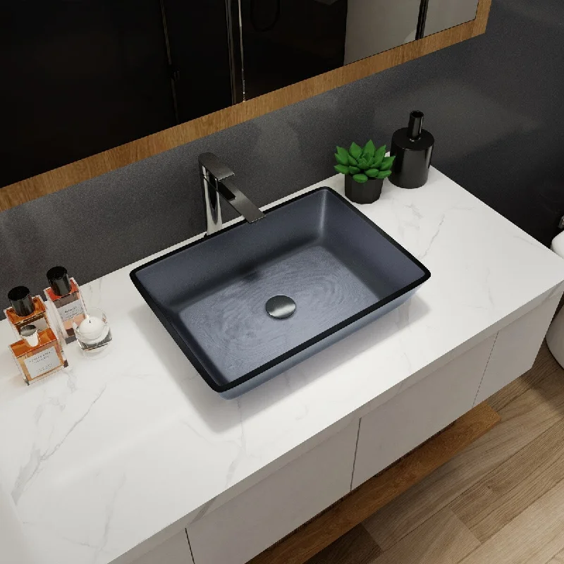 Tempered Glass Matte Bathroom Vessel Sink, Rectangle Bathroom Basin