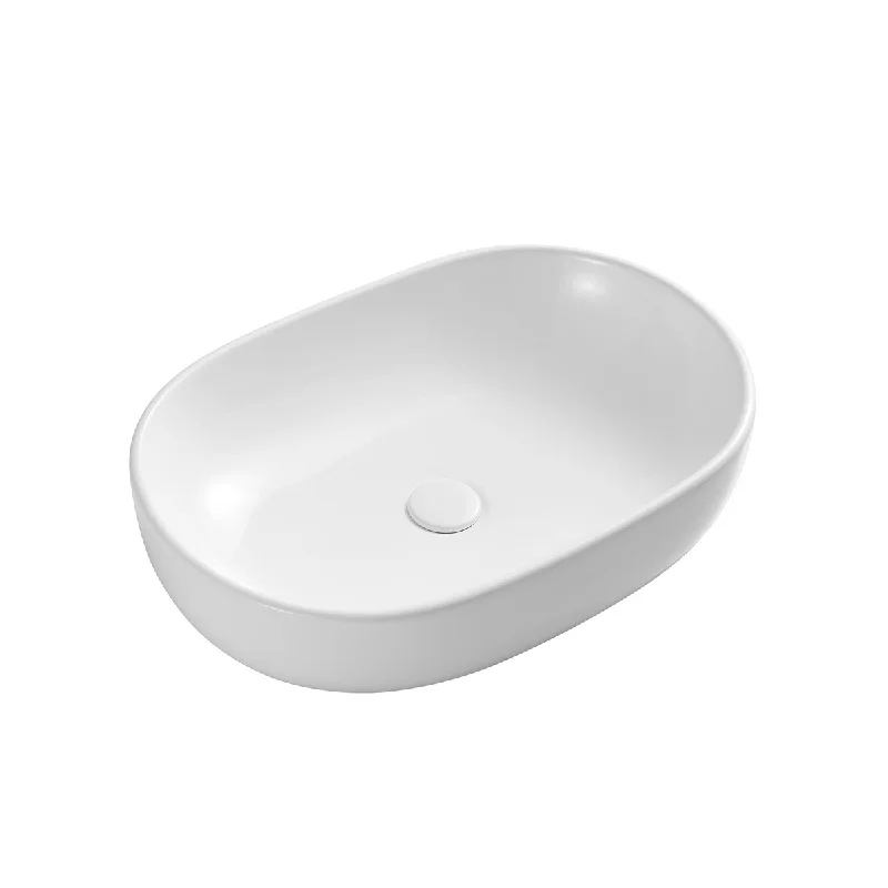 White Oval Bathroom Vessel Sink with Ceramic Drain Stopper - 23.82 in. width