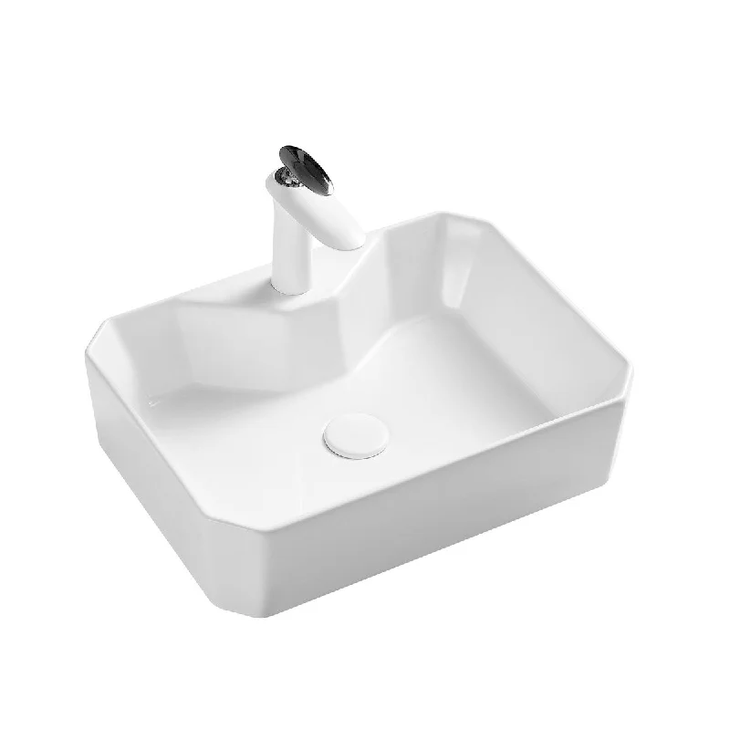 White Rectangle Bathroom Vessel Sink with Ceramic Drain Stopper - 19.69 in. width