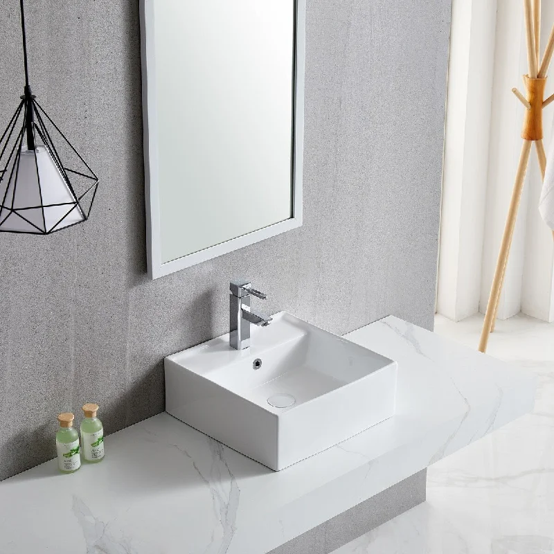 White Square Bathroom Vessel Sink with Ceramic Drain And Overflow - 16.34 in. width