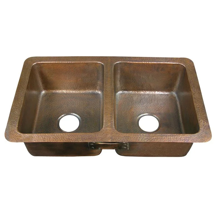 Kitchen Sink 34L x 21W Inch Double Bowl Saffron Hammered Antique Copper Drop In Rectangle